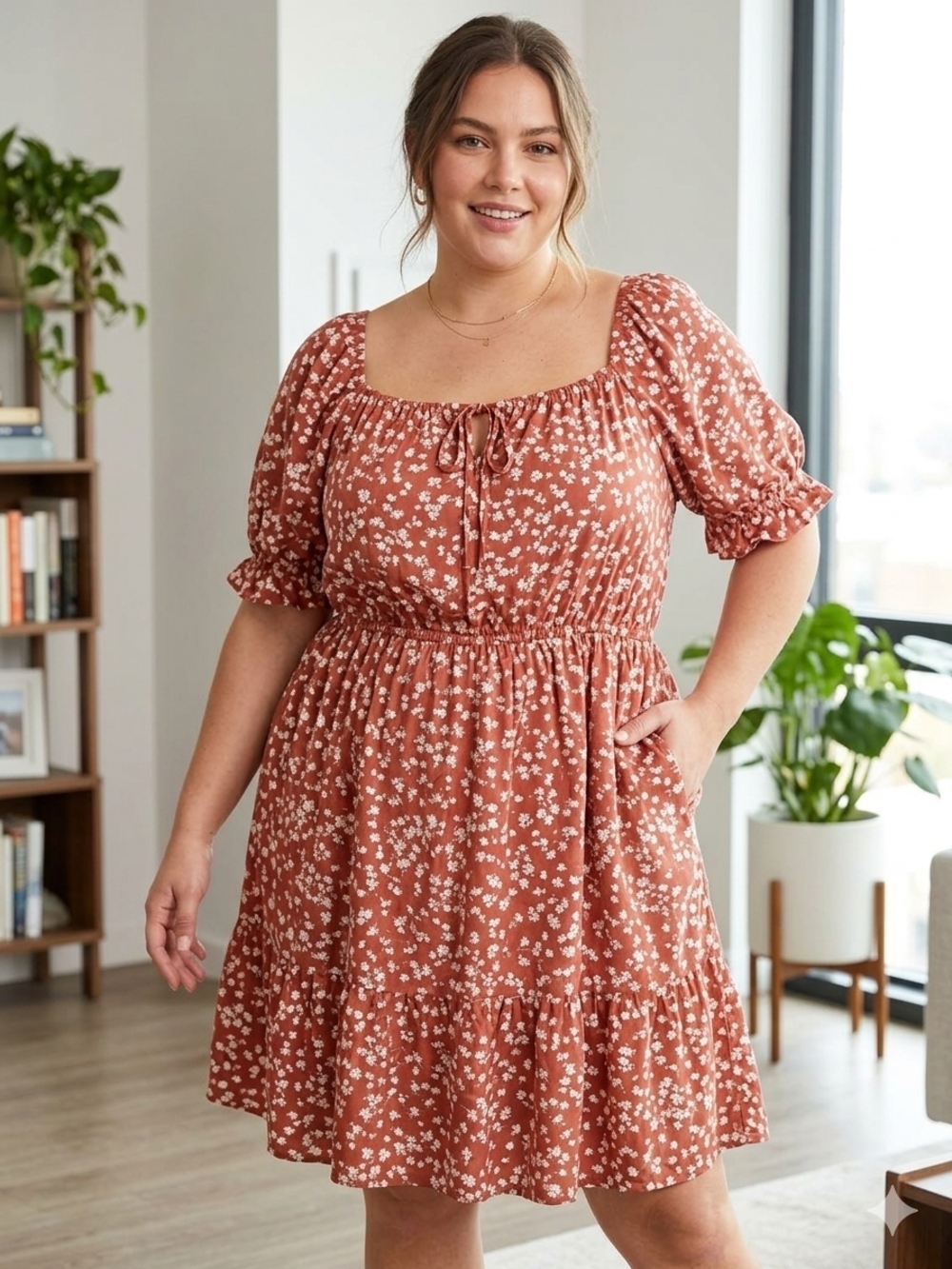 Plus Size Rust Floral Square-Neck Mini Dress
